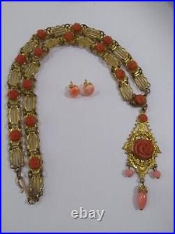 Art Deco Czech Carved Orange Roses & Glass Necklace with Coral Earring Vintage Lot