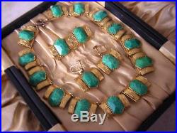 Art Deco Czech Egyptian Revival Peking Jade Necklace Brooch Earrings Set & Case