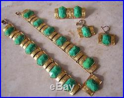 Art Deco Czech Egyptian Revival Peking Jade Necklace Brooch Earrings Set & Case