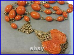 Art Deco Czech F Carved Coral Gold tn Filigree Pendant Wired Necklace Ch 75.6