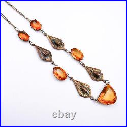 Art Deco Czech Faceted Amber Glass Paper Clip Chain Necklace 16 Prongs Antique