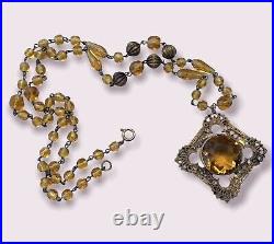 Art Deco Czech Glass Necklace Amber Bead Women's Statement Jewelry