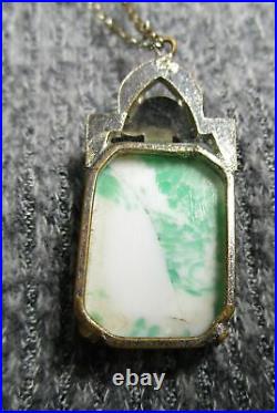 Art Deco Czech Green Art Glass Silvertone Choker Pendant Necklace Czechoslovakia
