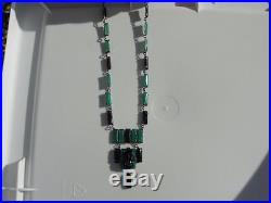 Art Deco Czech Green Glass & Black Onyx & Intaglio Sterling Silver Necklace