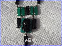 Art Deco Czech Green Glass & Black Onyx & Intaglio Sterling Silver Necklace