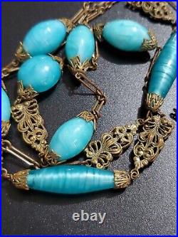 Art Deco Czech Long Blue Art Glass Beads Decorative Brass Antique Necklace