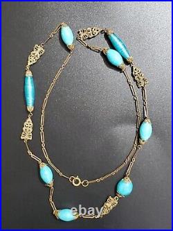 Art Deco Czech Long Blue Art Glass Beads Decorative Brass Antique Necklace