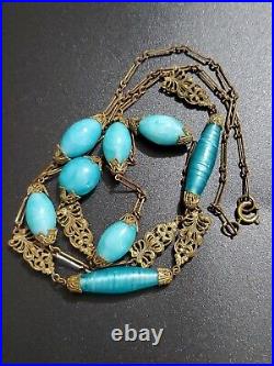 Art Deco Czech Long Blue Art Glass Beads Decorative Brass Antique Necklace