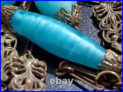 Art Deco Czech Long Blue Art Glass Beads Decorative Brass Antique Necklace