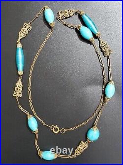 Art Deco Czech Long Blue Art Glass Beads Decorative Brass Antique Necklace