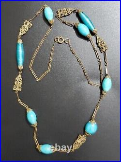 Art Deco Czech Long Blue Art Glass Beads Decorative Brass Antique Necklace