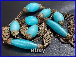 Art Deco Czech Long Blue Art Glass Beads Decorative Brass Antique Necklace