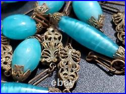 Art Deco Czech Long Blue Art Glass Beads Decorative Brass Antique Necklace