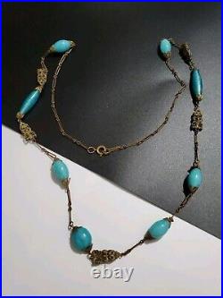 Art Deco Czech Long Blue Art Glass Beads Decorative Brass Antique Necklace