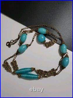 Art Deco Czech Long Blue Art Glass Beads Decorative Brass Antique Necklace