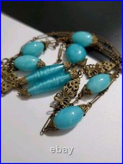 Art Deco Czech Long Blue Art Glass Beads Decorative Brass Antique Necklace