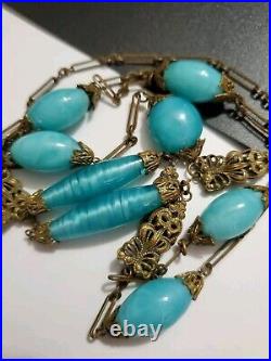 Art Deco Czech Long Blue Art Glass Beads Decorative Brass Antique Necklace