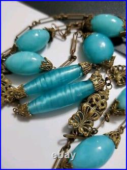 Art Deco Czech Long Blue Art Glass Beads Decorative Brass Antique Necklace