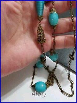 Art Deco Czech Long Blue Art Glass Beads Decorative Brass Antique Necklace