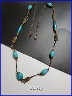 Art Deco Czech Long Blue Art Glass Beads Decorative Brass Antique Necklace