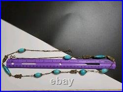 Art Deco Czech Long Blue Art Glass Beads Decorative Brass Antique Necklace