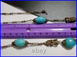 Art Deco Czech Long Blue Art Glass Beads Decorative Brass Antique Necklace