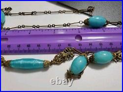 Art Deco Czech Long Blue Art Glass Beads Decorative Brass Antique Necklace