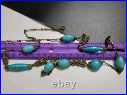 Art Deco Czech Long Blue Art Glass Beads Decorative Brass Antique Necklace