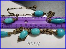 Art Deco Czech Long Blue Art Glass Beads Decorative Brass Antique Necklace