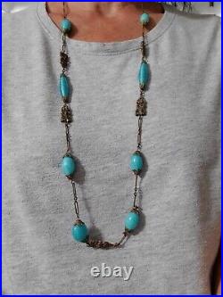 Art Deco Czech Long Blue Art Glass Beads Decorative Brass Antique Necklace