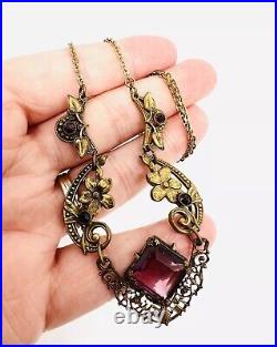 Art Deco Czech Ornate Gilt Filigree Amethyst Glass Necklace Vintage Jewelry