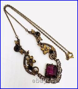 Art Deco Czech Ornate Gilt Filigree Amethyst Glass Necklace Vintage Jewelry