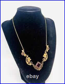 Art Deco Czech Ornate Gilt Filigree Amethyst Glass Necklace Vintage Jewelry