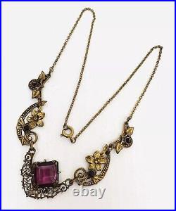 Art Deco Czech Ornate Gilt Filigree Amethyst Glass Necklace Vintage Jewelry