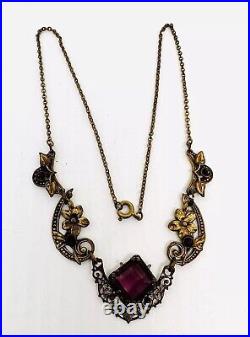 Art Deco Czech Ornate Gilt Filigree Amethyst Glass Necklace Vintage Jewelry