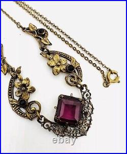 Art Deco Czech Ornate Gilt Filigree Amethyst Glass Necklace Vintage Jewelry