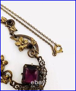 Art Deco Czech Ornate Gilt Filigree Amethyst Glass Necklace Vintage Jewelry