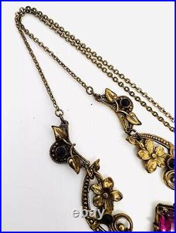 Art Deco Czech Ornate Gilt Filigree Amethyst Glass Necklace Vintage Jewelry