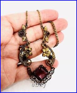 Art Deco Czech Ornate Gilt Filigree Amethyst Glass Necklace Vintage Jewelry