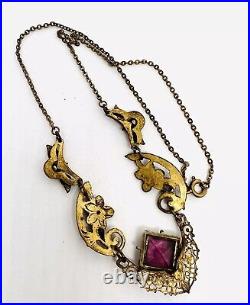 Art Deco Czech Ornate Gilt Filigree Amethyst Glass Necklace Vintage Jewelry