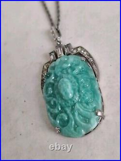 Art Deco Czech Peking Glass Faux Jade Pendant Necklace Clear Paste Glass Vintage