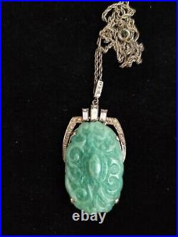 Art Deco Czech Peking Glass Faux Jade Pendant Necklace Clear Paste Glass Vintage