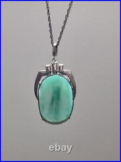 Art Deco Czech Peking Glass Faux Jade Pendant Necklace Clear Paste Glass Vintage