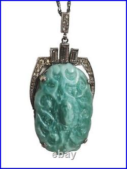 Art Deco Czech Peking Glass Faux Jade Pendant Necklace Clear Paste Glass Vintage