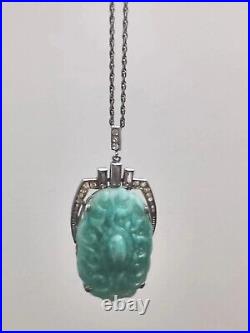 Art Deco Czech Peking Glass Faux Jade Pendant Necklace Clear Paste Glass Vintage