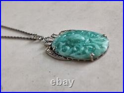 Art Deco Czech Peking Glass Faux Jade Pendant Necklace Clear Paste Glass Vintage