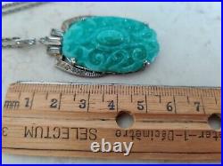 Art Deco Czech Peking Glass Faux Jade Pendant Necklace Clear Paste Glass Vintage