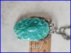 Art Deco Czech Peking Glass Faux Jade Pendant Necklace Clear Paste Glass Vintage