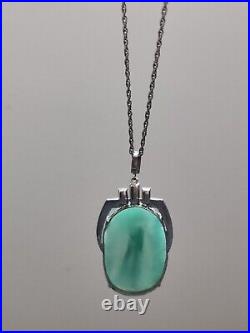 Art Deco Czech Peking Glass Faux Jade Pendant Necklace Clear Paste Glass Vintage