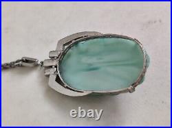 Art Deco Czech Peking Glass Faux Jade Pendant Necklace Clear Paste Glass Vintage